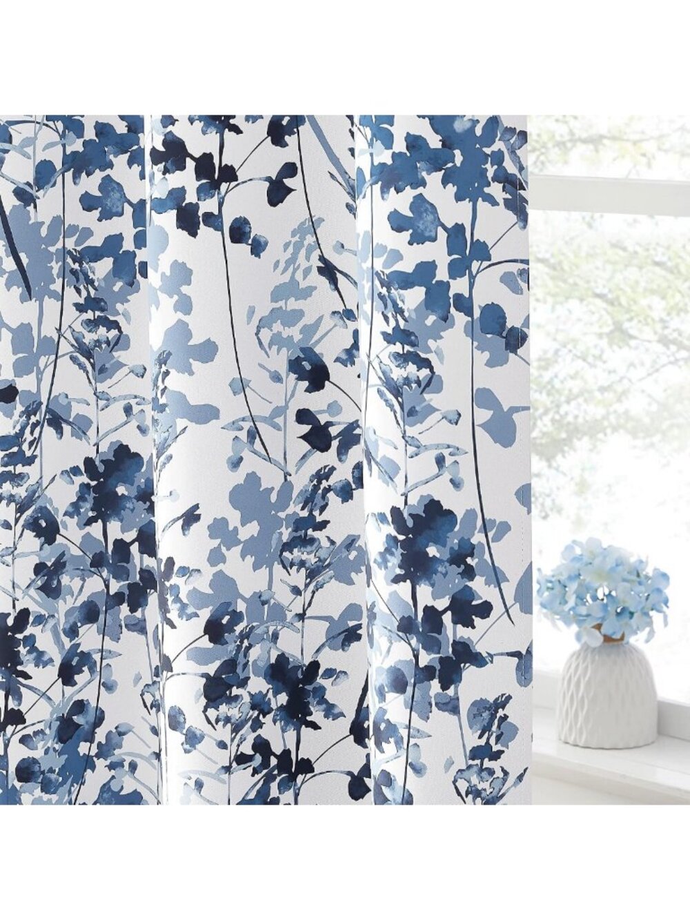 Blue Floral Thermal Insulated Blackout Curtains for Living Room Decor